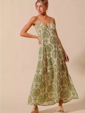 So Me Green Damask V-Neck Spaghetti-Strap Maxi Dress